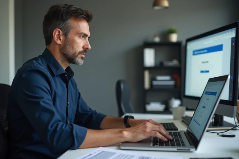 Technicien de contrôle technique automobile accédant à l'espace affilié Securitest sur un ordinateur portable au bureau