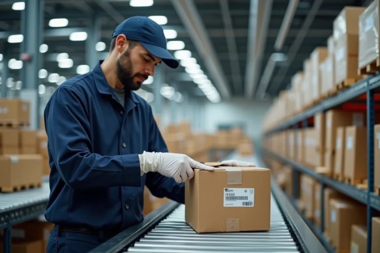 Agent logistique scannant un colis international dans un entrepôt de tri Infinite Remit Services