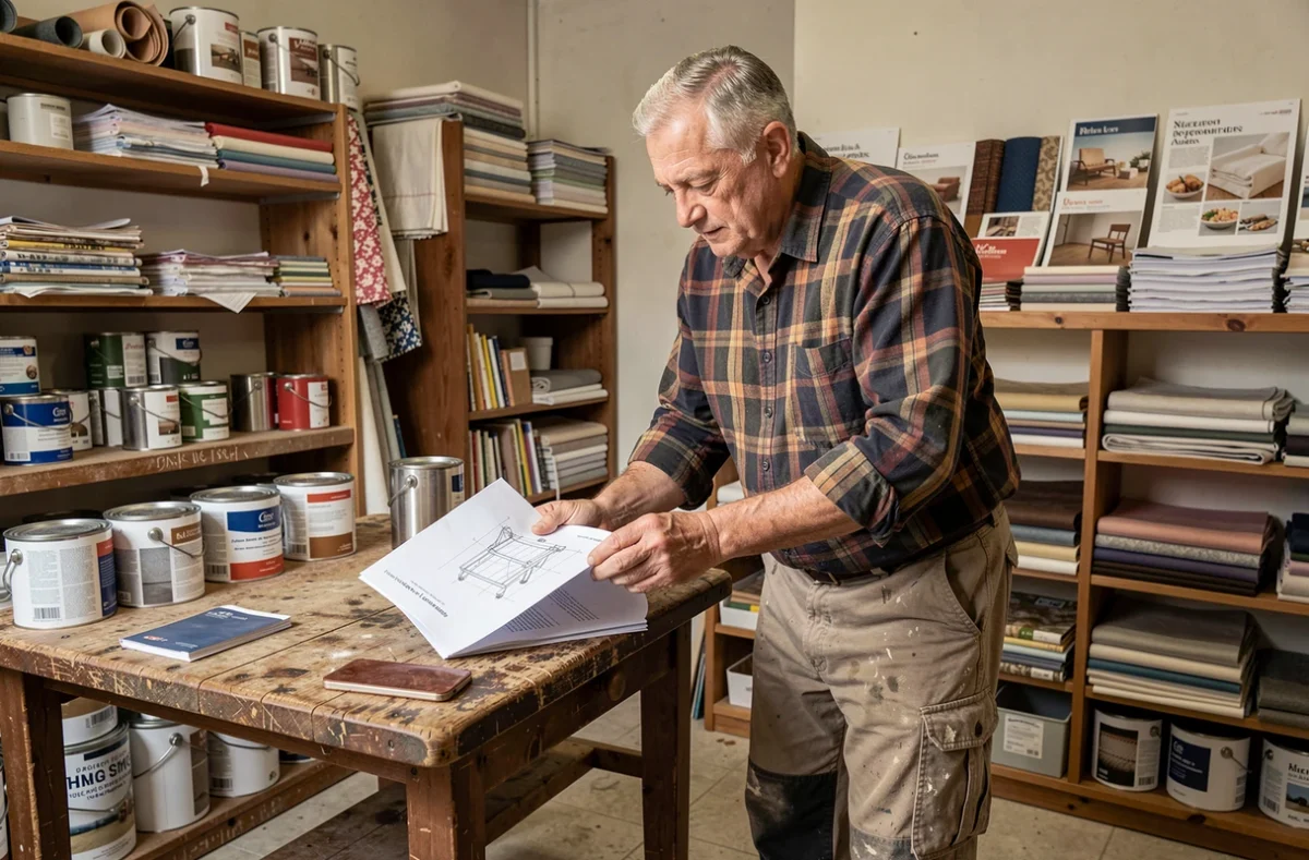 Artisan consultant des documents d'aides financières pour des travaux de décoration dans son atelier