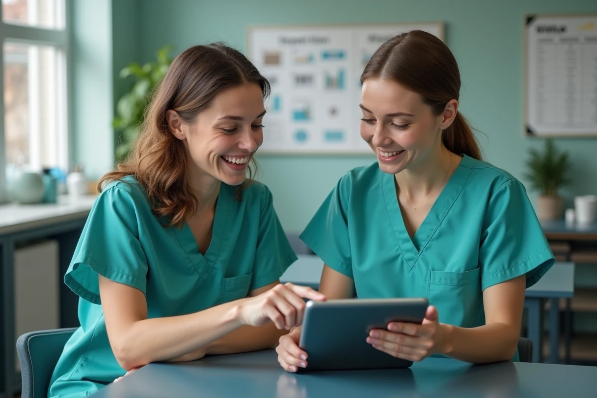Assistantes vétérinaires consultant un logiciel de gestion sur tablette dans une clinique vétérinaire