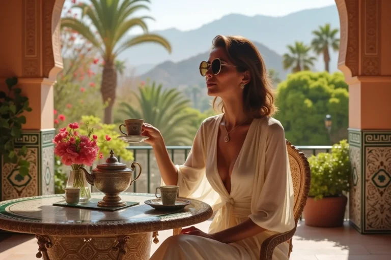 Femme élégante en robe de soie crème dégustant un thé à la menthe sur la terrasse mauresque de La Mamounia à Marrakech