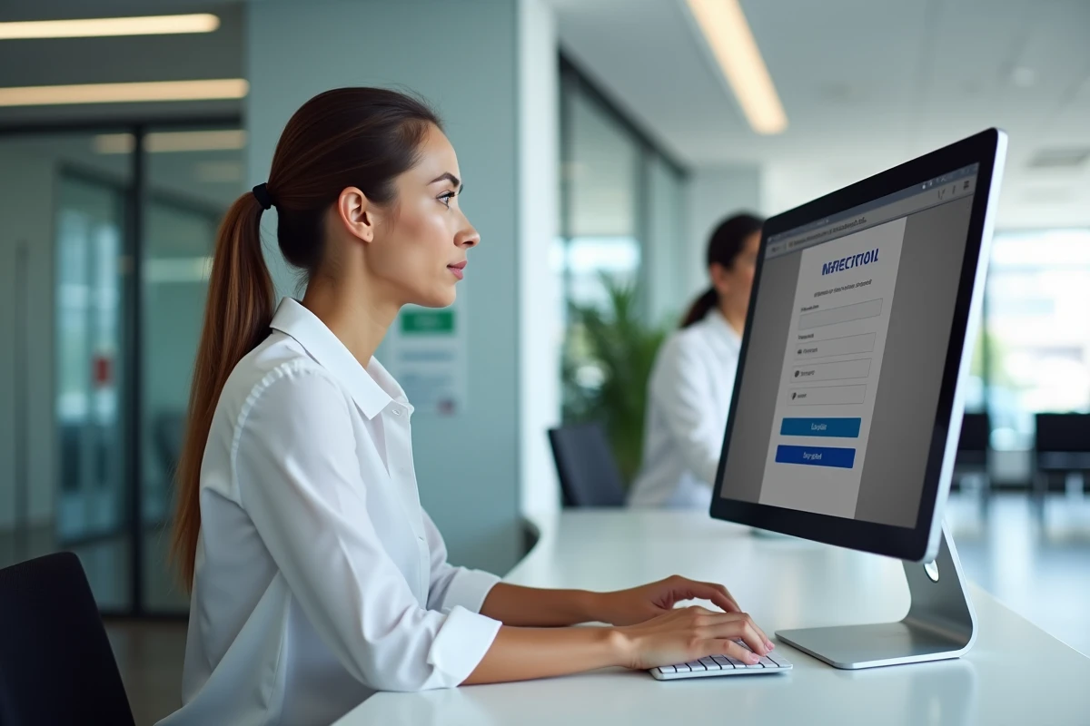 Employée d'un centre de contrôle technique se connectant à l'espace affilié Securitest depuis un poste de travail