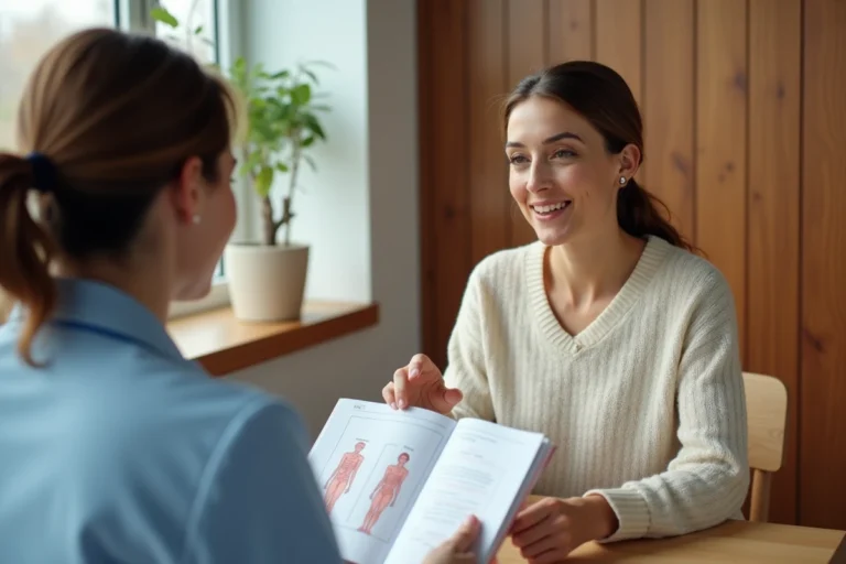 Femme en consultation médicale personnalisée pour la gestion de la douleur chronique, montrant un journal de suivi de douleur à une professionnelle de santé