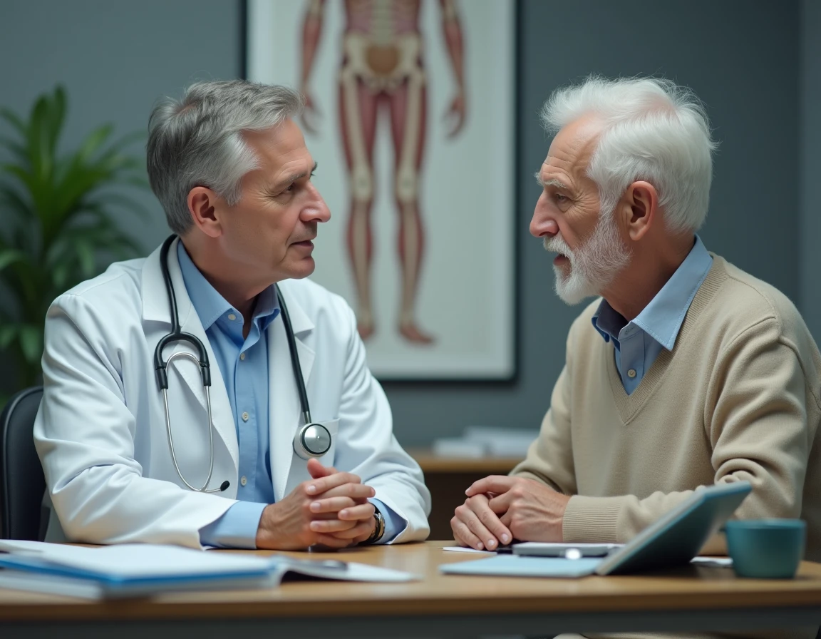 Neurologue consultant un patient âgé dans un cabinet médical pour diagnostiquer des troubles de l'équilibre d'origine neurologique