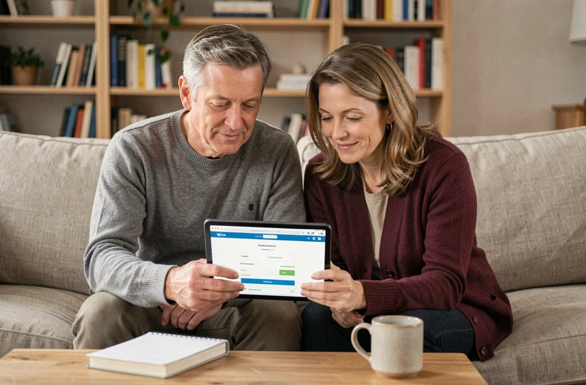 Couple comparant des offres de mutuelle santé sur une tablette dans leur salon