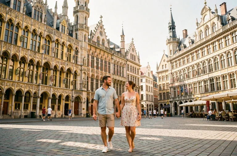 Couple en vacances se promenant sur la Grand-Place de Bruxelles ensoleillée entourée d'architecture baroque dorée