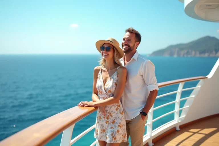 Couple heureux sur le pont d'un navire de croisière moderne regardant l'horizon en mer