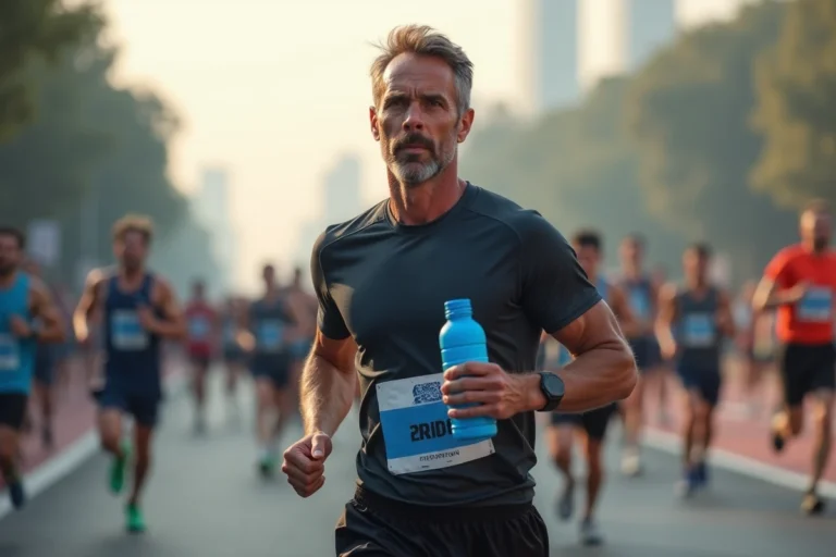 Coureur masculin buvant du Powerade bleu avant le départ d'une course sur route en milieu urbain