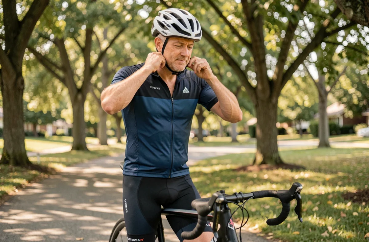 Cycliste masculin ajustant son casque de vélo correctement ajusté avant une sortie sur une piste cyclable