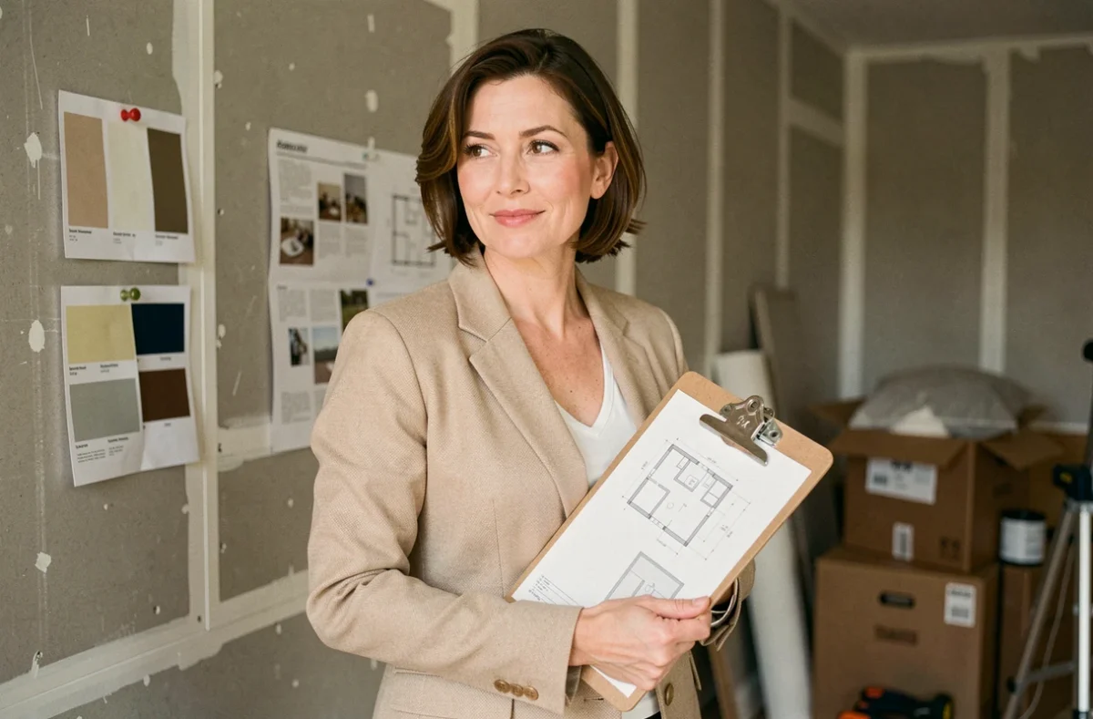 Décoratrice d'intérieur professionnelle tenant un dossier de devis dans un chantier de rénovation local