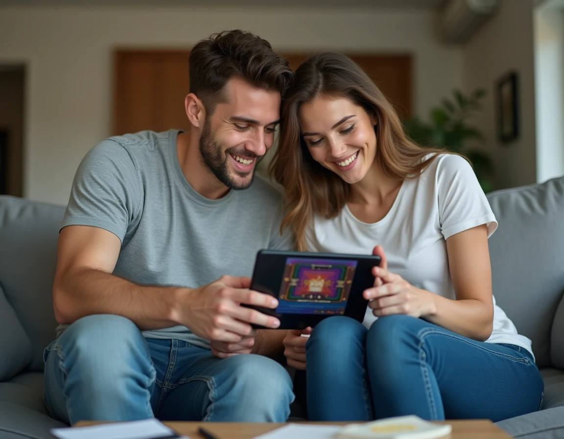 Deux adultes collaborant sur la résolution de niveaux difficiles d'un jeu d'escape room sur une tablette dans un salon moderne
