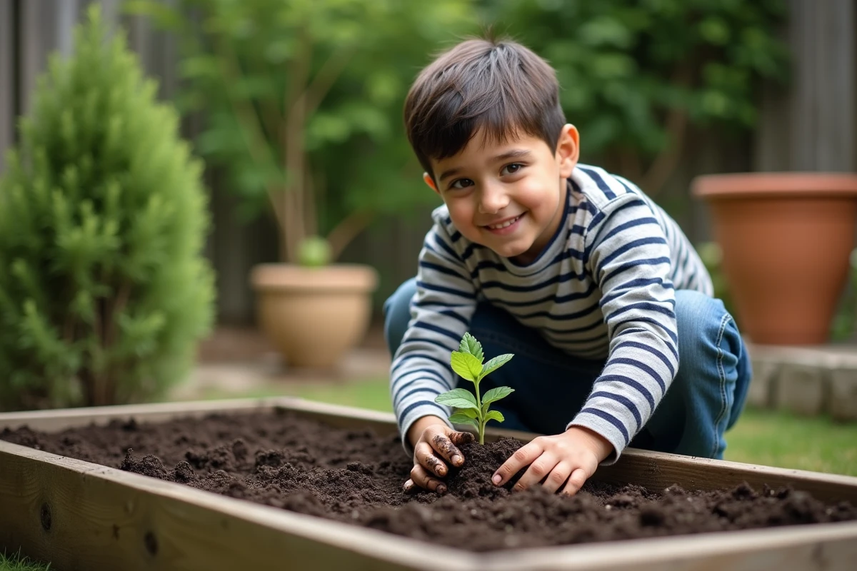 Garçon souriant qui plante un semis dans un jardin en bois à l'extérieur, représentant l'apprentissage par le jeu et le contact avec la nature pour l'épanouissement des enfants