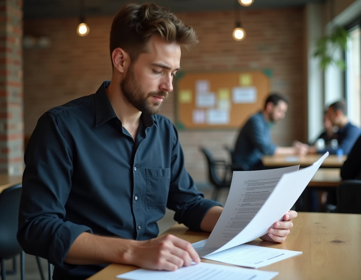 Jeune entrepreneur en espace de coworking analysant son plan financier pour lancer une entreprise à moindre coût