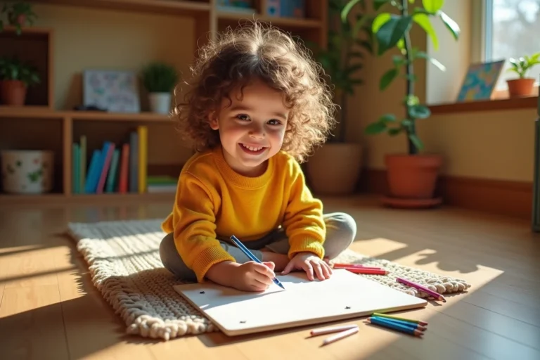 Petite fille concentrée dessinant avec des crayons de couleur sur le parquet d'un salon chaleureux, illustrant l'épanouissement créatif des enfants au quotidien