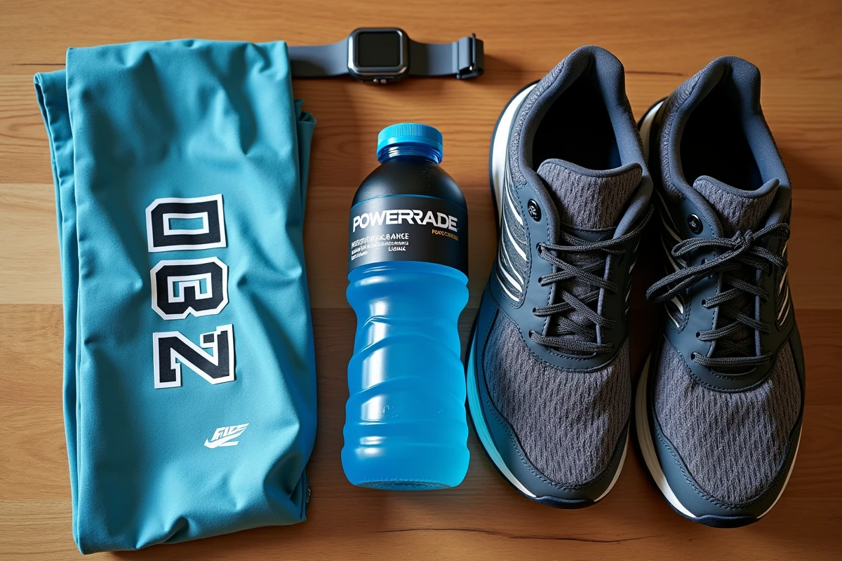 Équipement de course à pied posé sur une table avec une bouteille de Powerade avant une compétition