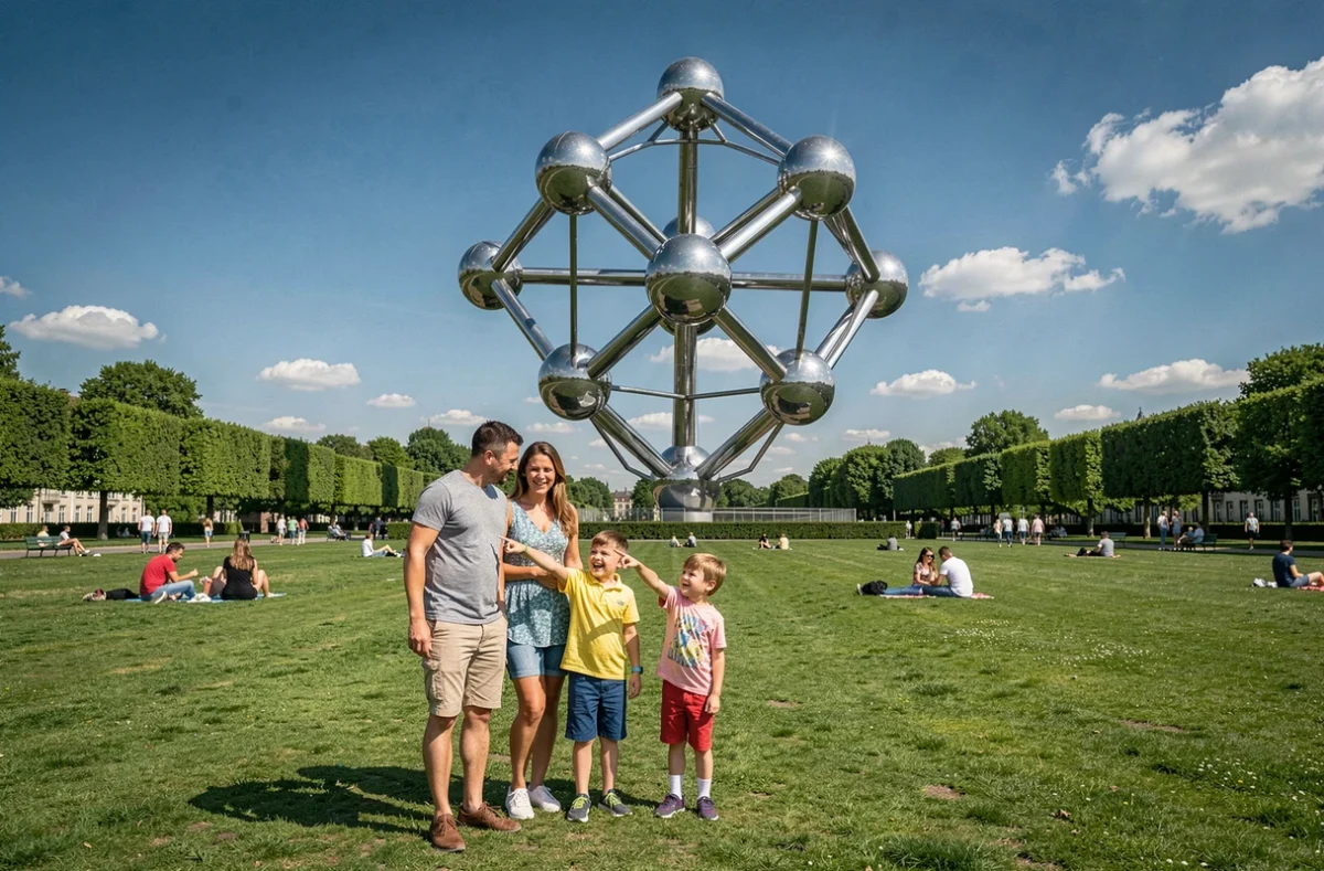 Famille en visite touristique devant l'Atomium de Bruxelles par beau temps sous un ciel bleu estival