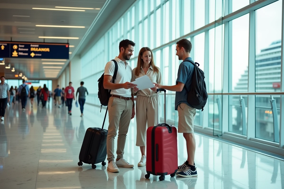 Famille avec bagages au comptoir d'enregistrement d'un terminal de croisière moderne