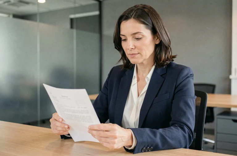 Femme cadre lisant une note de service officielle annonçant un changement d'horaires de travail dans un bureau moderne