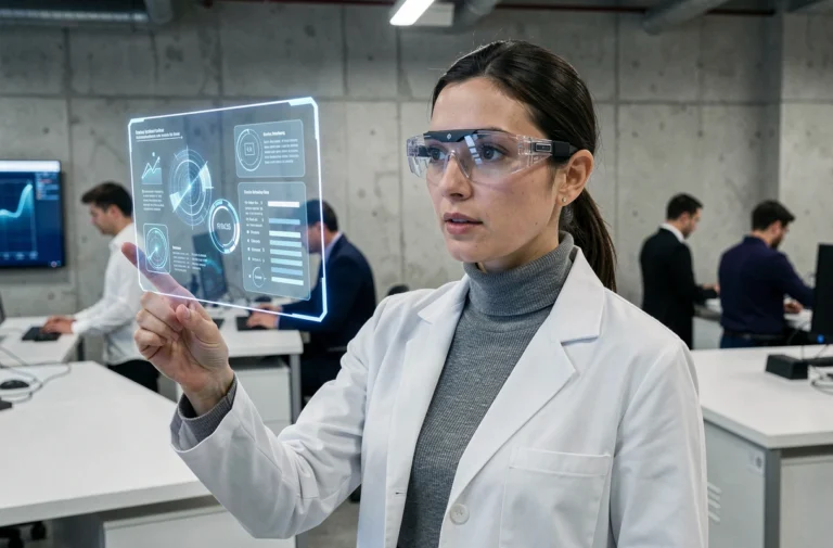 Femme chercheuse en blouse blanche interagissant avec une interface de réalité augmentée dans un laboratoire technologique moderne en 2024