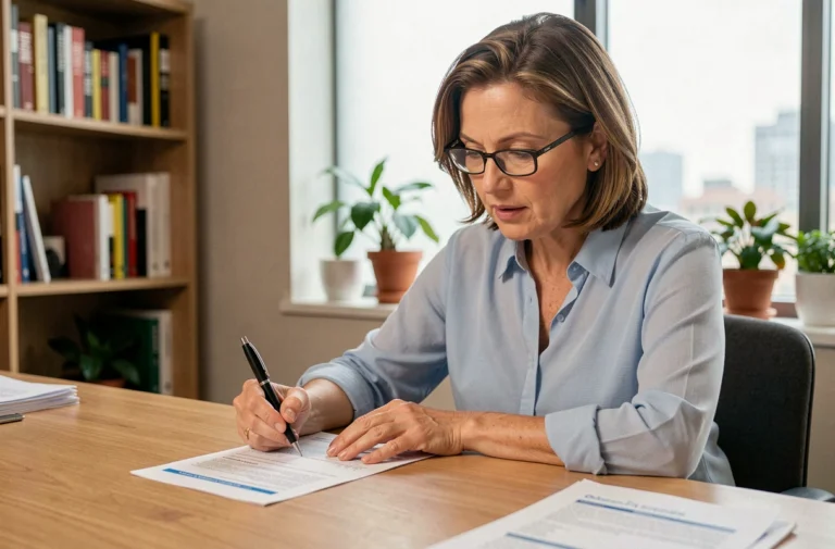Femme consultant un contrat de mutuelle santé à son bureau à domicile, stylo à la main