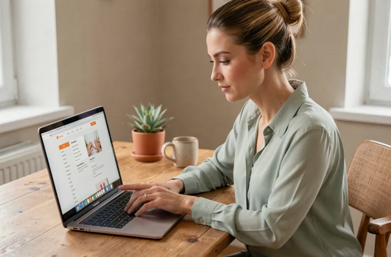 Femme consultant un sitemap de site beauté et santé sur son ordinateur portable dans un bureau à domicile
