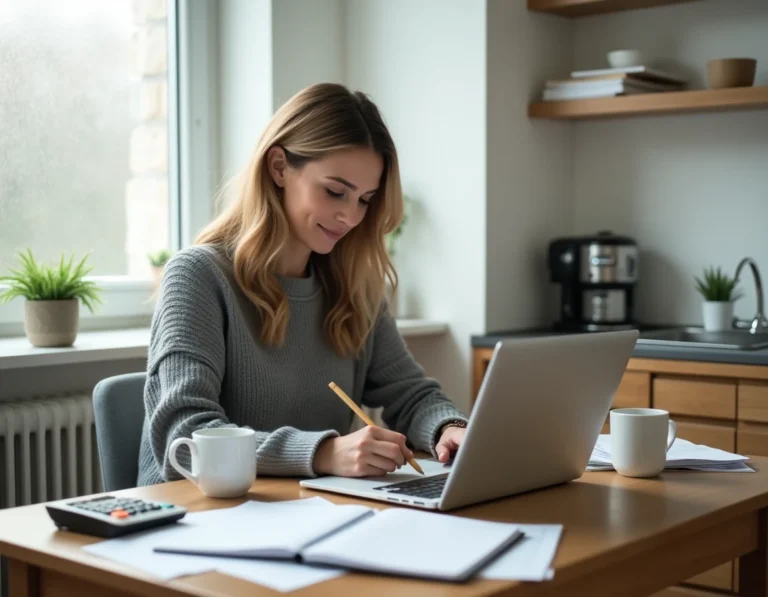 Femme entrepreneur travaillant sur son projet de création d'entreprise avec un petit budget depuis son domicile
