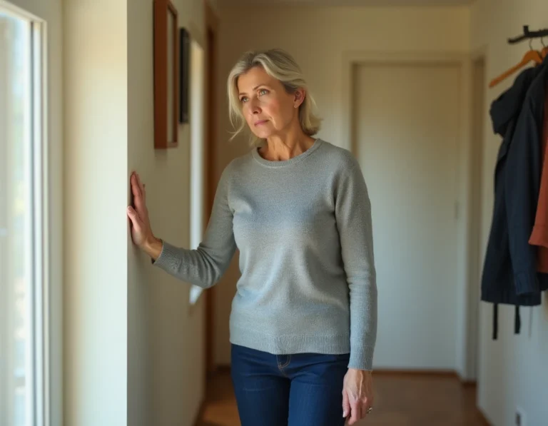 Femme d'âge mûr s'appuyant contre un mur dans un couloir résidentiel, illustrant une perte d'équilibre due à des causes neurologiques