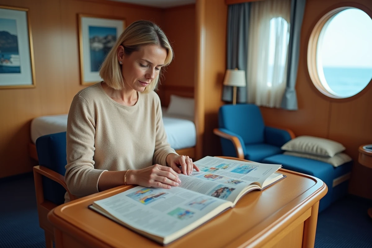 Femme planifiant son itinéraire de croisière avec des guides de voyage dans une cabine de bateau