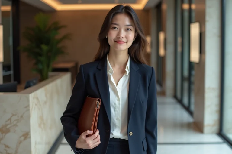 Jeune femme professionnelle en blazer marine tailored dans le hall d'un cabinet de conseil parisien, style vestimentaire Deloitte EY Paris