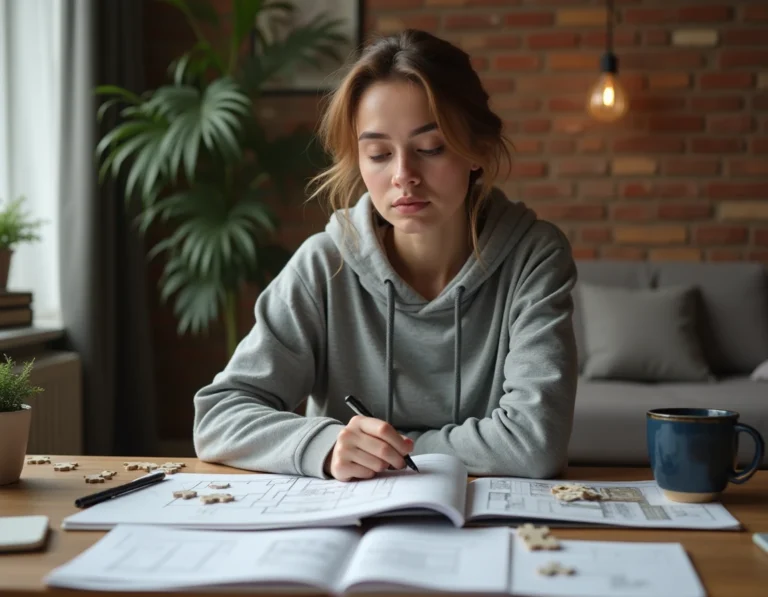 Jeune femme concentrée résolvant des énigmes de salle d'escape game avec des notes manuscrites et un plan de salle posés sur un bureau en bois