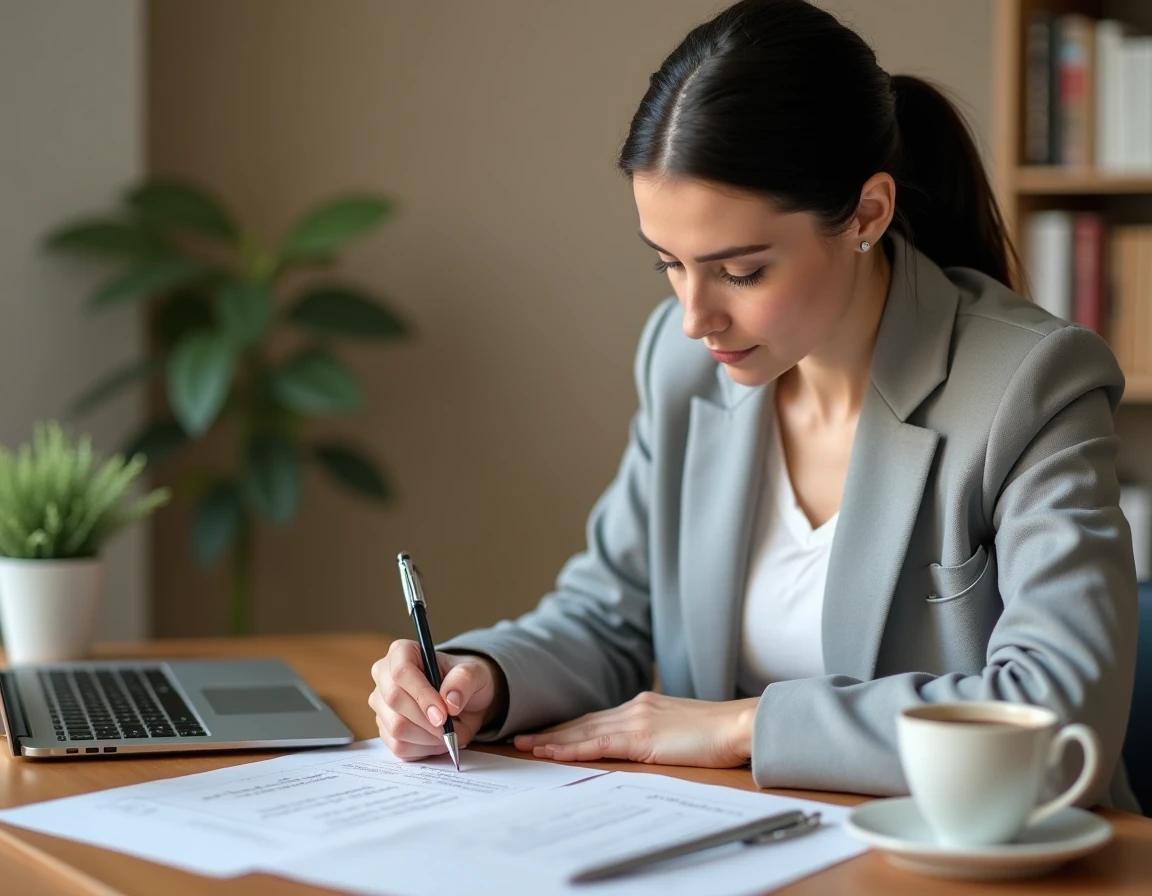 Une femme remplissant un formulaire de clôture de compte titre ordinaire depuis son bureau à domicile