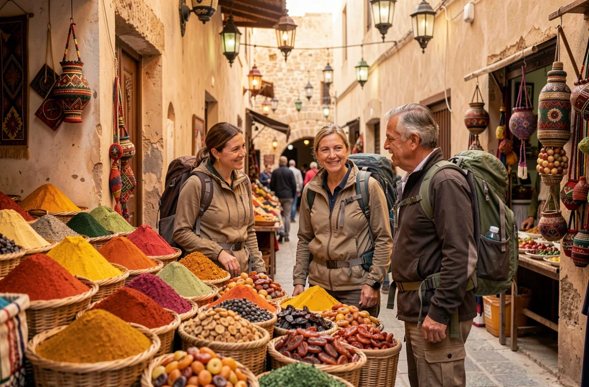 Groupe de touristes explorant un marché artisanal coloré dans une médina lors d'un voyage organisé