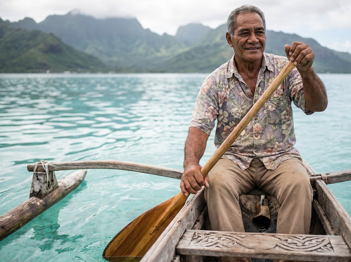 Homme polynesien pagayant dans un lagon calme