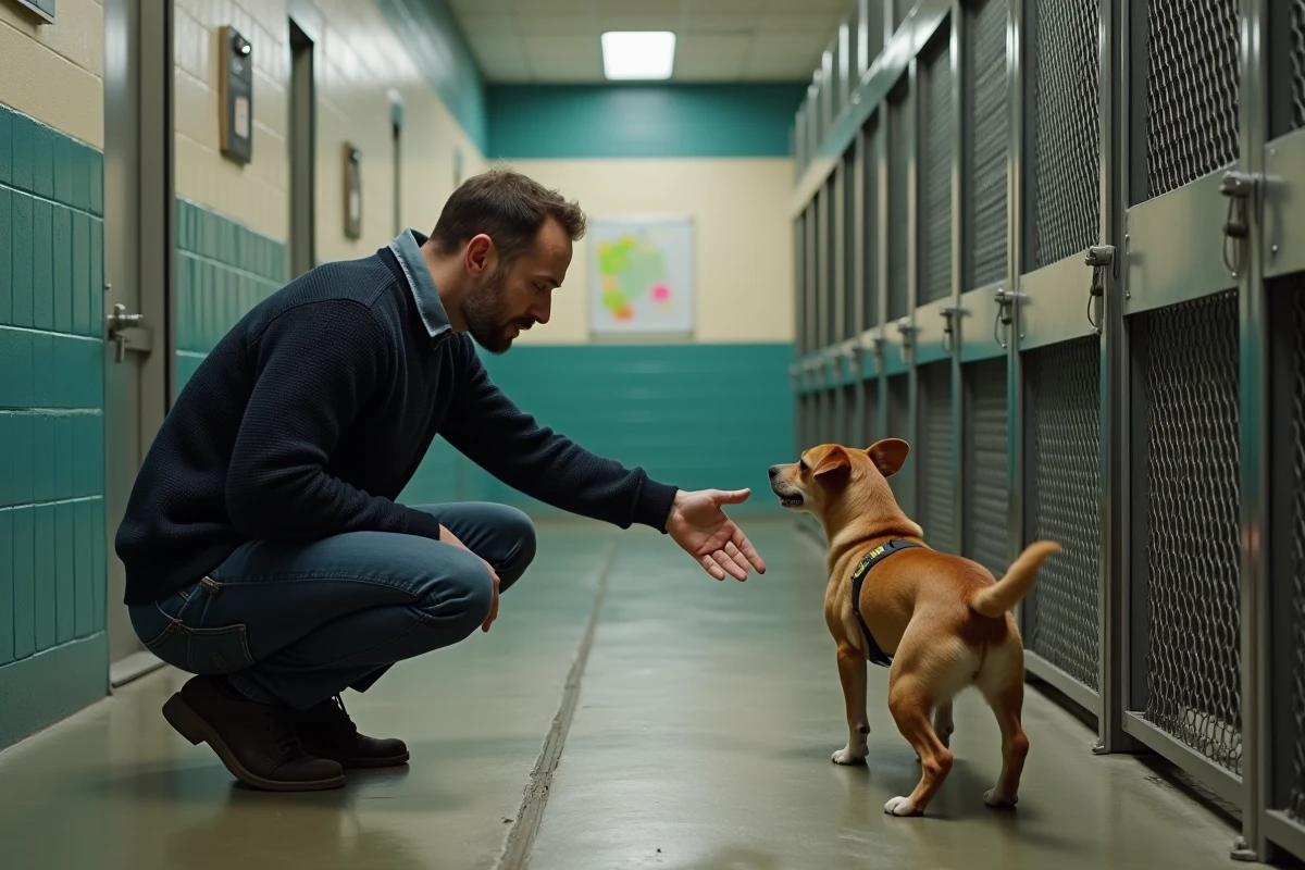 Homme essayant d'approcher un chien en refuge avant une demande d'adoption refusée par la SPA