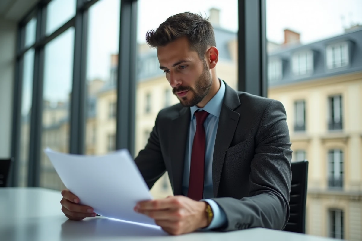 Homme en costume gris tailored dans une salle de réunion moderne avec vue sur Paris, dress code professionnel cabinet audit conseil