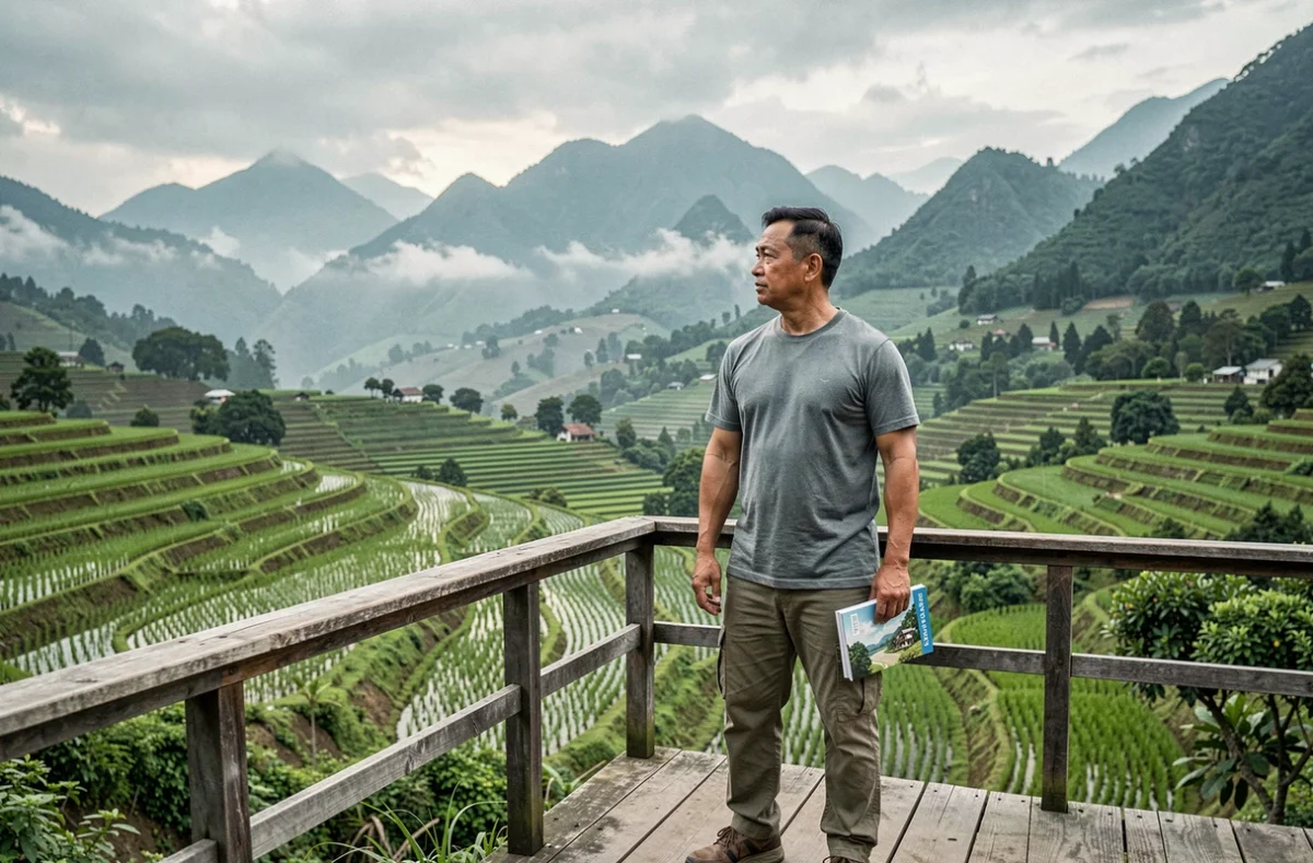 Homme admirant un panorama de rizières en terrasses dans les montagnes d'Asie du Sud-Est en voyage organisé