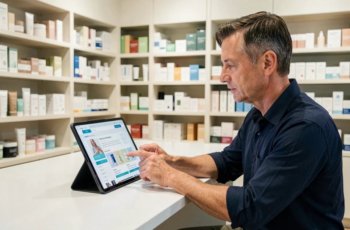 Homme parcourant le sitemap d'un site santé et beauté sur une tablette dans une boutique de bien-être