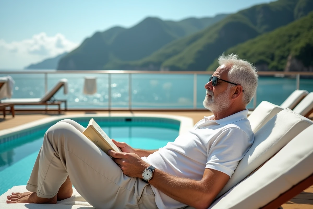 Homme se relaxant sur un transat de paquebot avec vue sur un port tropical en croisière