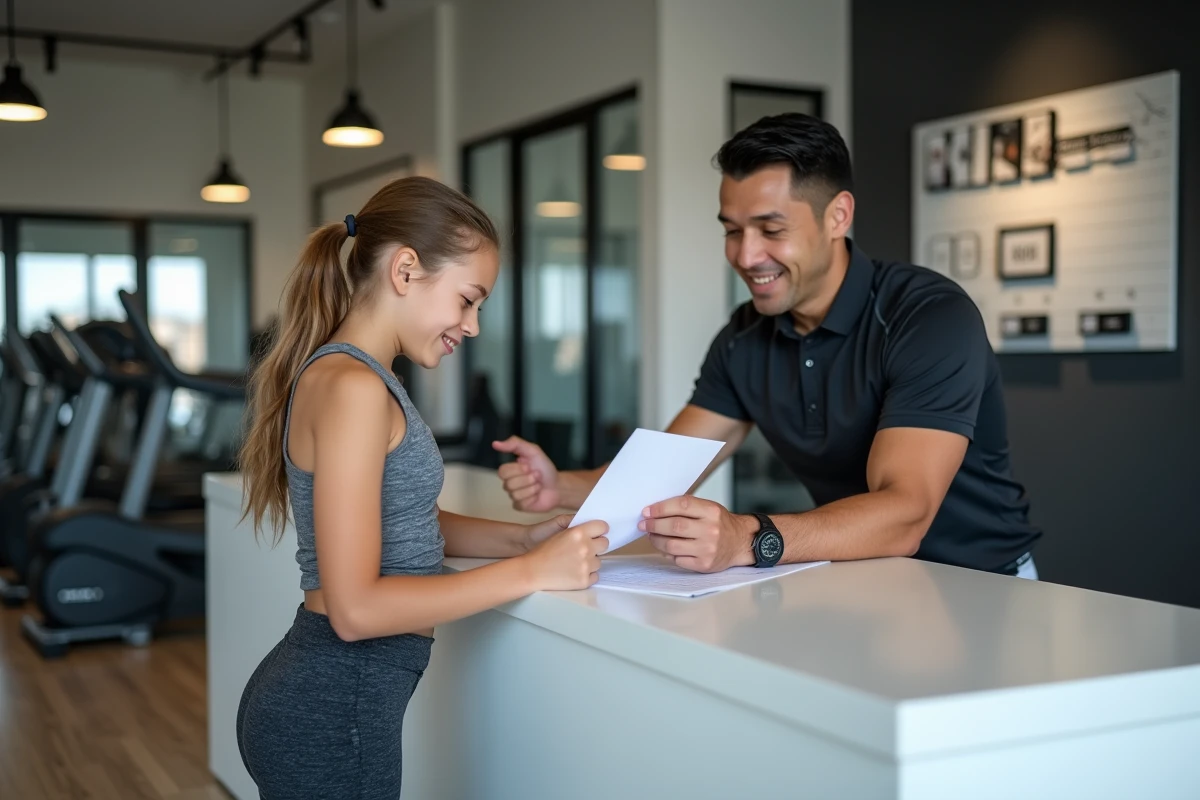 Jeune adolescente s'inscrivant à la salle de sport Basic Fit avec l'aide d'un conseiller à l'accueil
