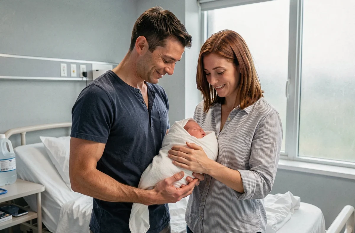 Jeunes parents tenant leur nouveau-né dans une chambre d'hôpital, moment émouvant après l'accouchement