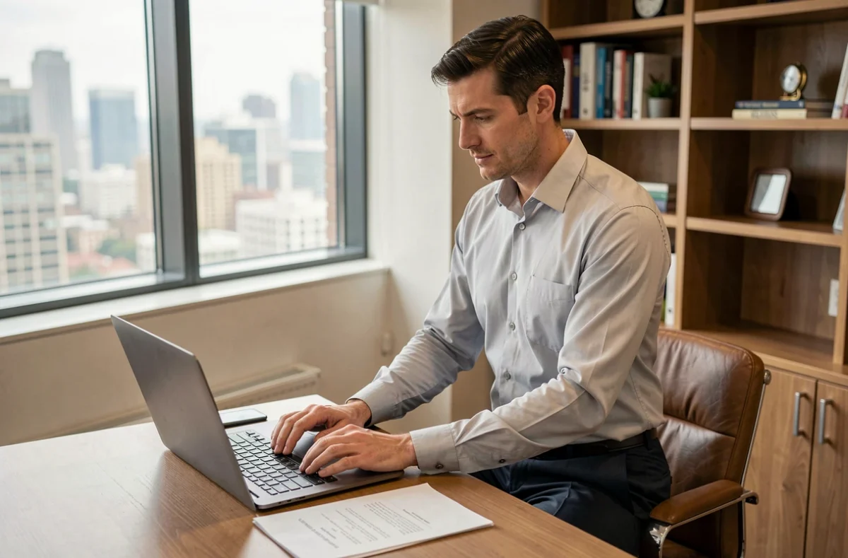 Manager rédigeant une note de service sur ordinateur portable pour annoncer un changement d'horaires à ses employés