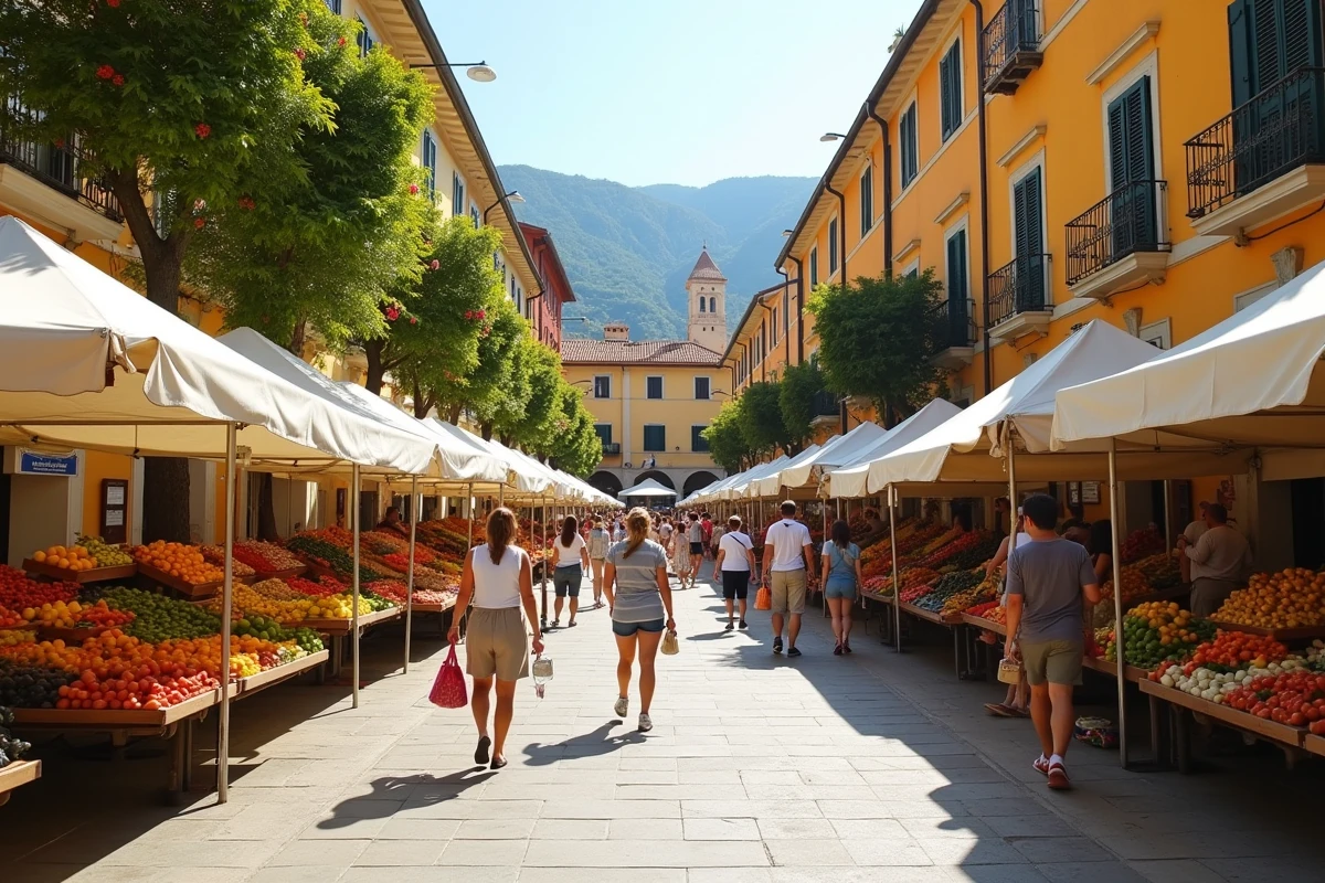 Vue panoramique de la place du marché de Bordighera entourée d'architecture ligurienne colorée