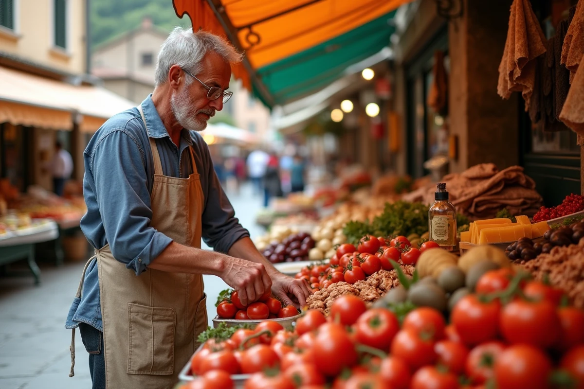 Vendeur au marché en plein air de Bordighera avec des étals de produits frais italiens typiques