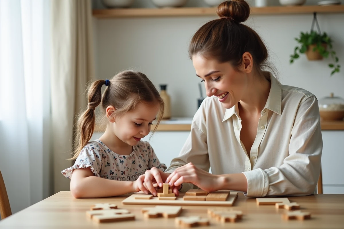 Mère et fillette résolvant ensemble un puzzle en bois à la table de la cuisine, illustrant l'importance de l'accompagnement parental dans l'épanouissement quotidien des enfants