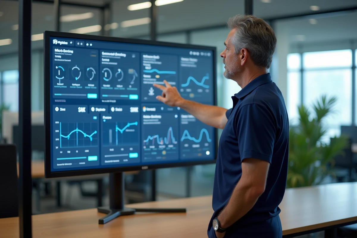 Responsable de multi-cliniques vétérinaires analysant un tableau de bord logiciel de gestion centralisée