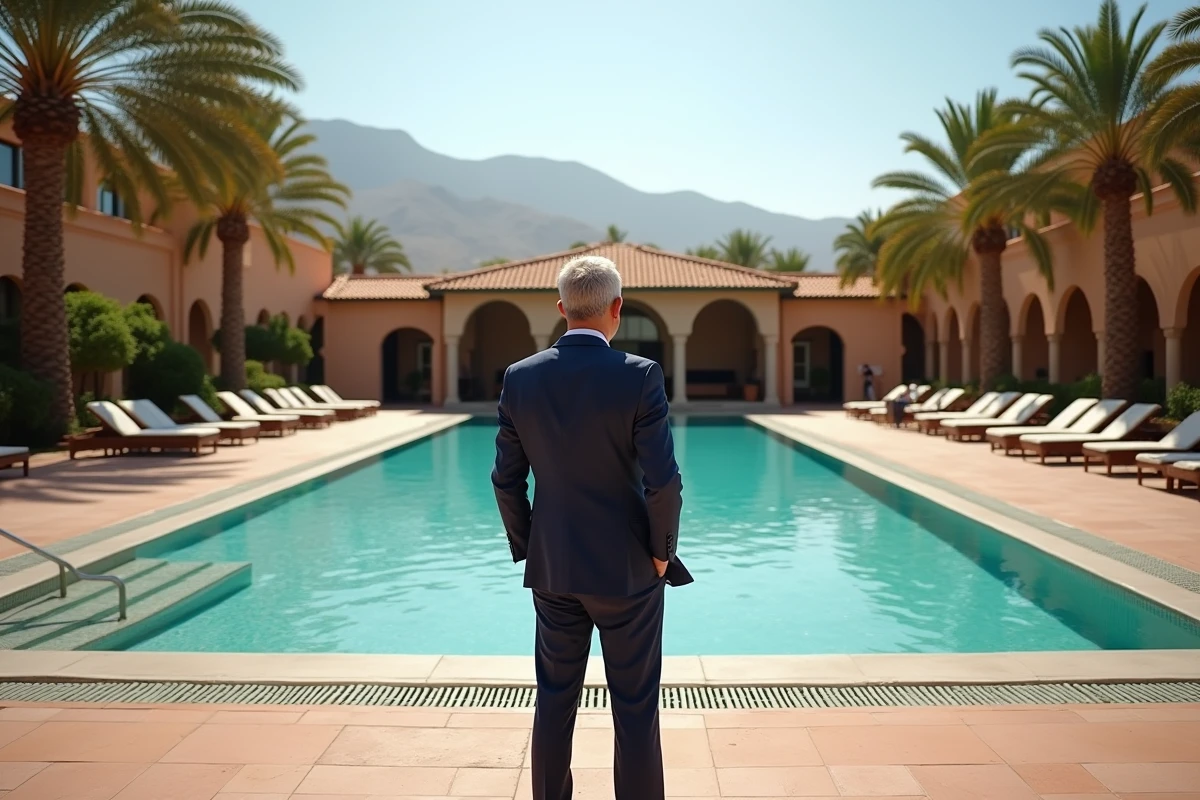 Homme distingué en costume de lin bleu marine posant près de la piscine emblématique de l'hôtel La Mamounia à Marrakech