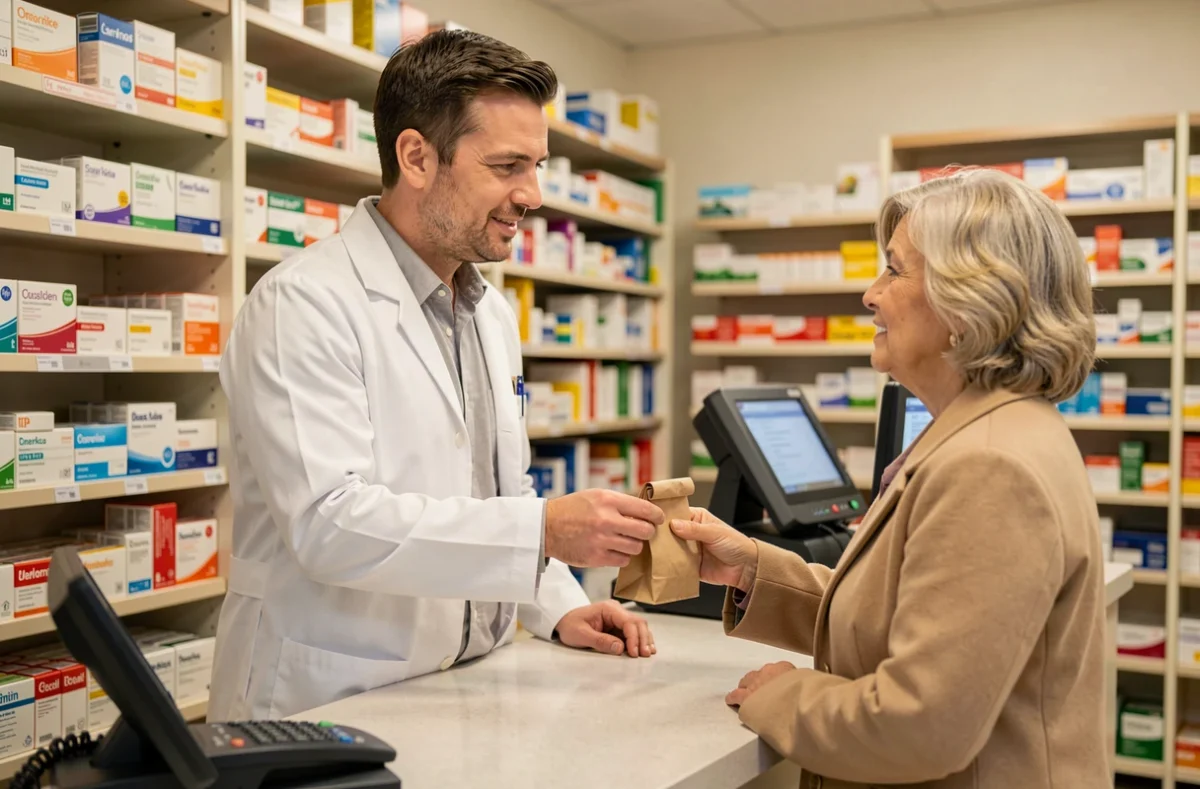 Pharmacien remettant des médicaments à une patiente dans une pharmacie, illustration du remboursement mutuelle