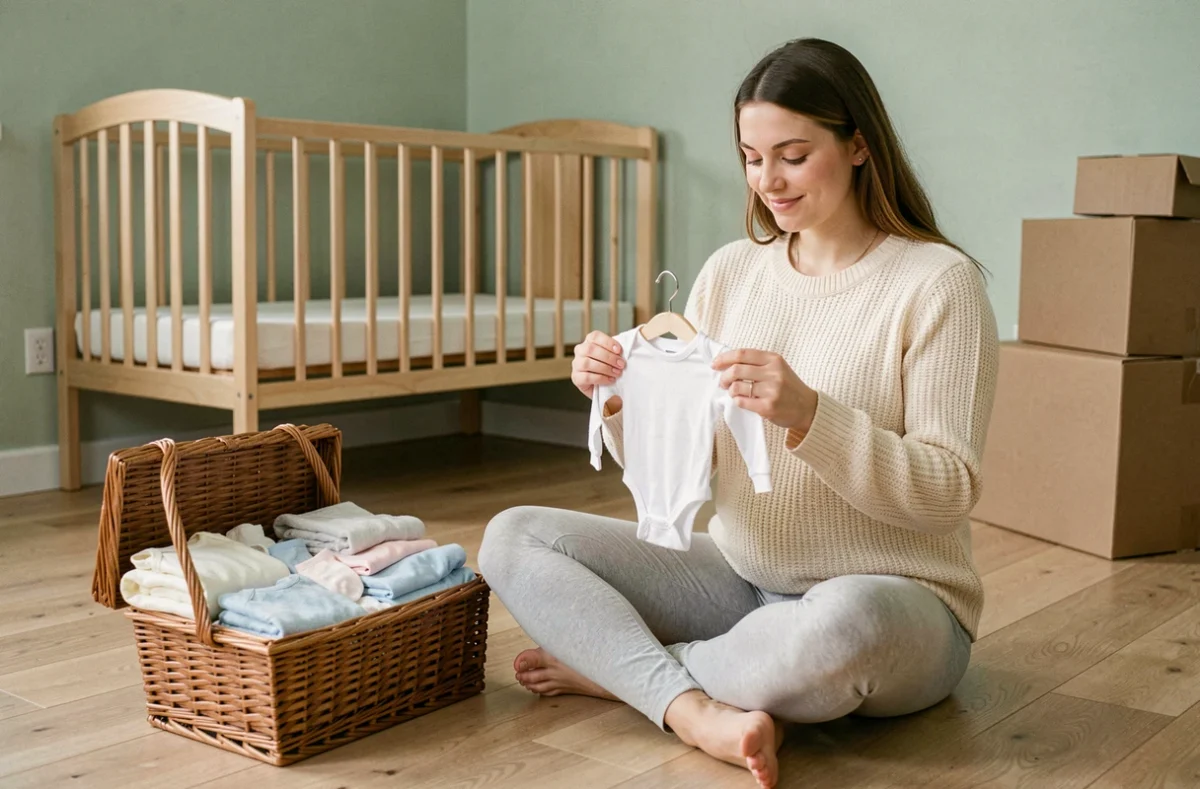 Jeune femme enceinte préparant la chambre de bébé, assise sur le sol avec des vêtements de nouveau-né et un panier en osier