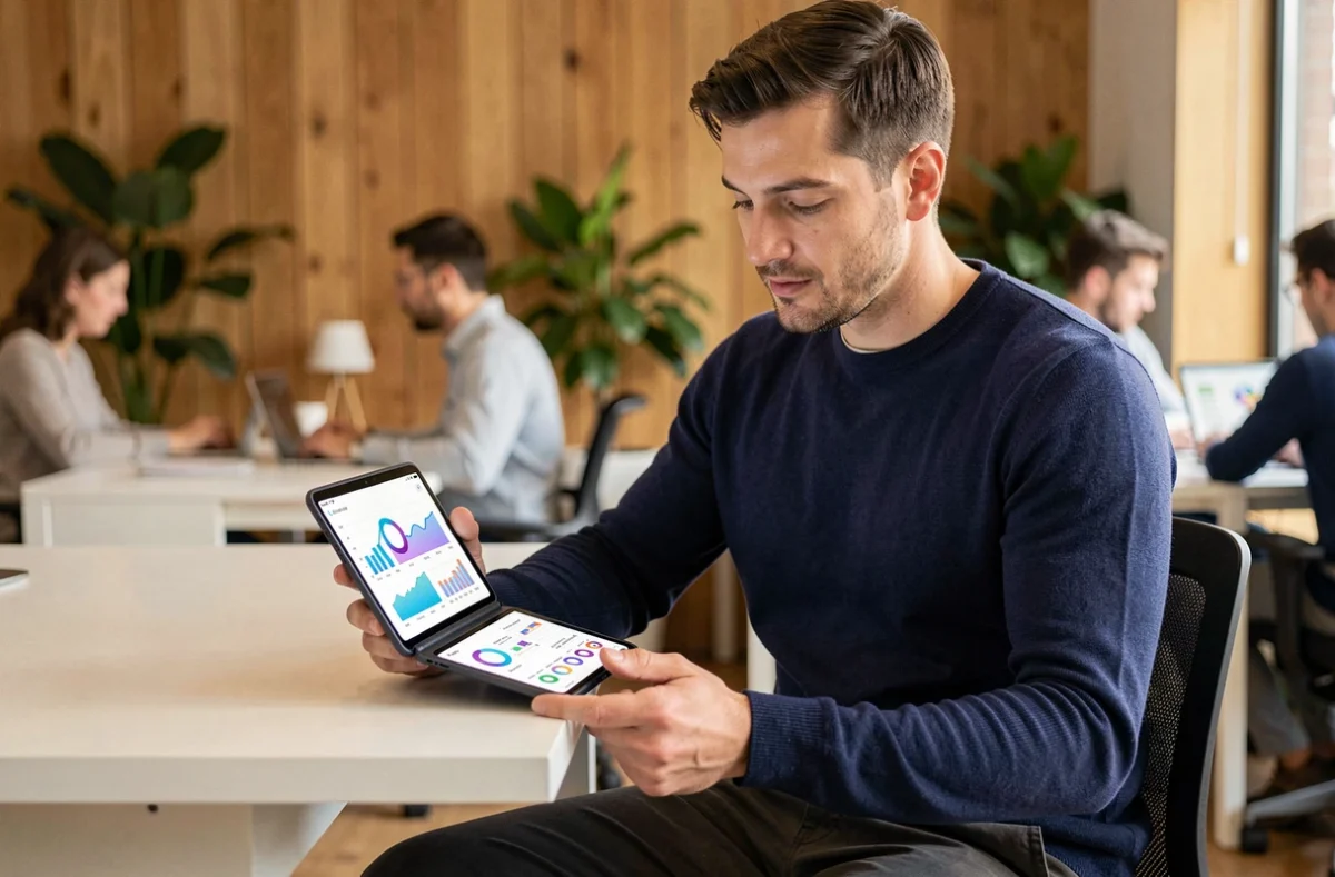 Jeune professionnel masculin utilisant un smartphone pliable dernière génération dans un espace de coworking moderne
