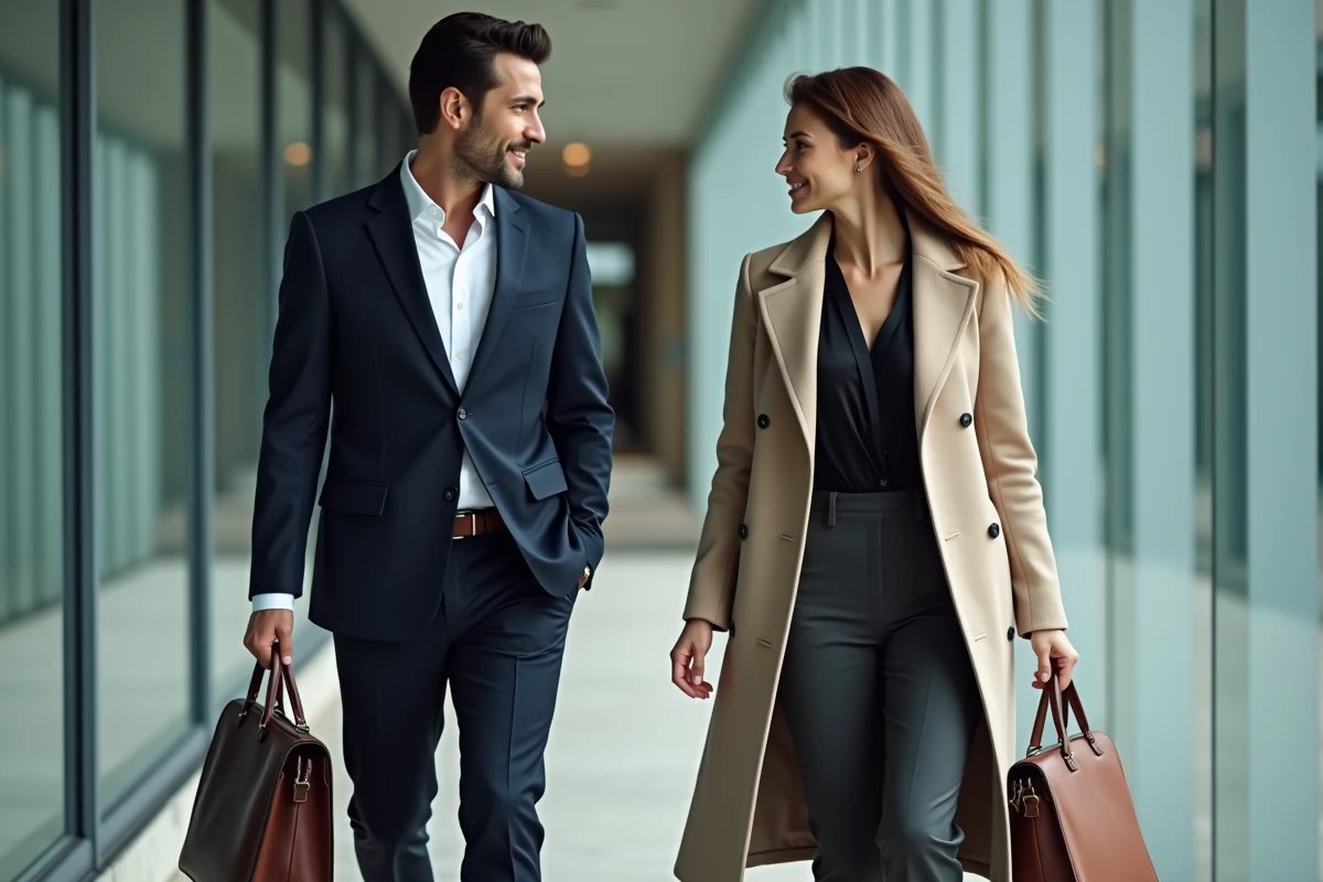 Deux jeunes professionnels en tenue de travail marchant dans un couloir de La Défense Paris, conseils style vestimentaire Deloitte EY